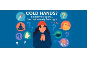 Confused woman with cold hands surrounded by common remedies like gloves, electric warmers, cat, yoga, and medication