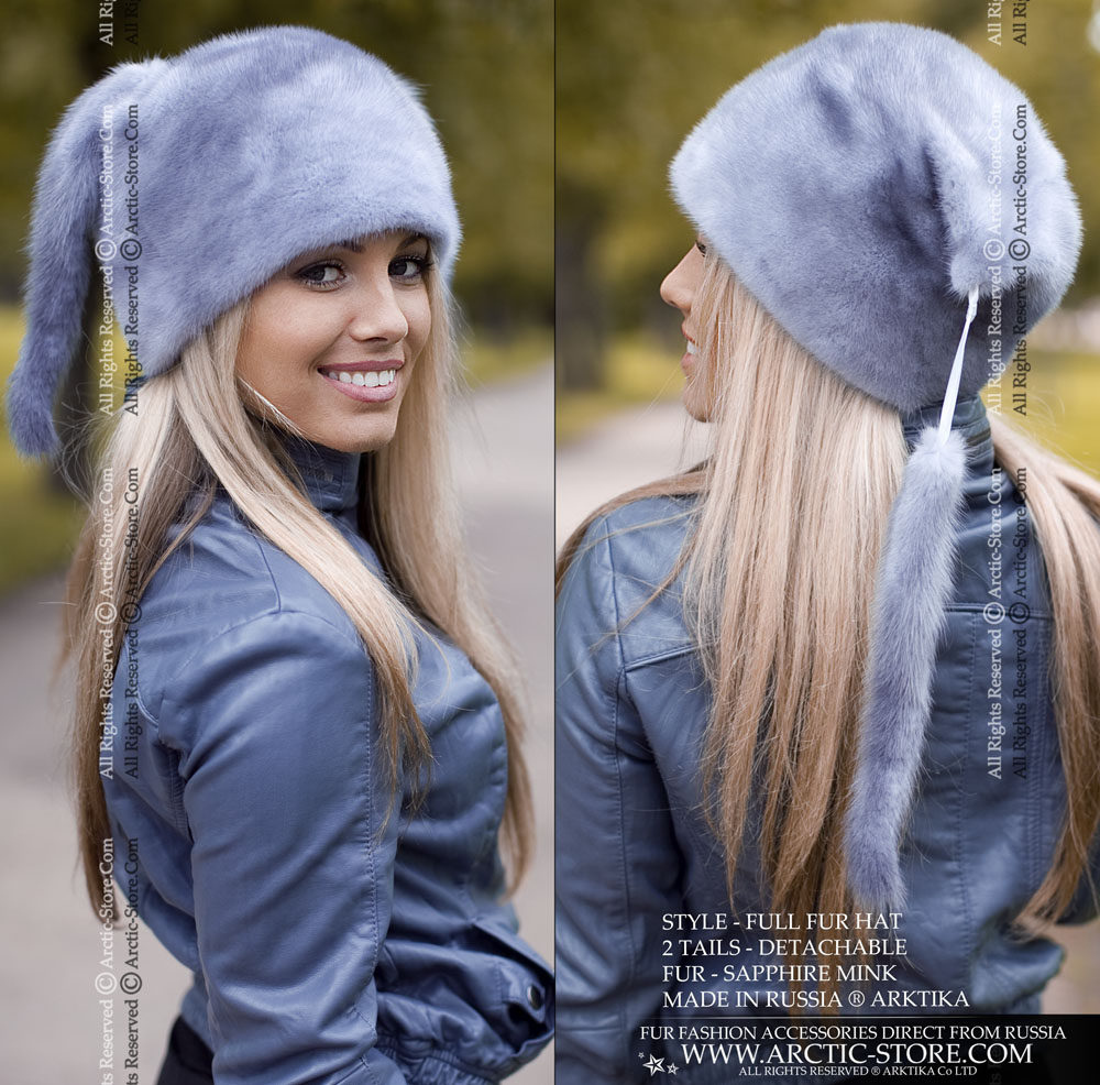 Fur hat with tails, sapphire mink