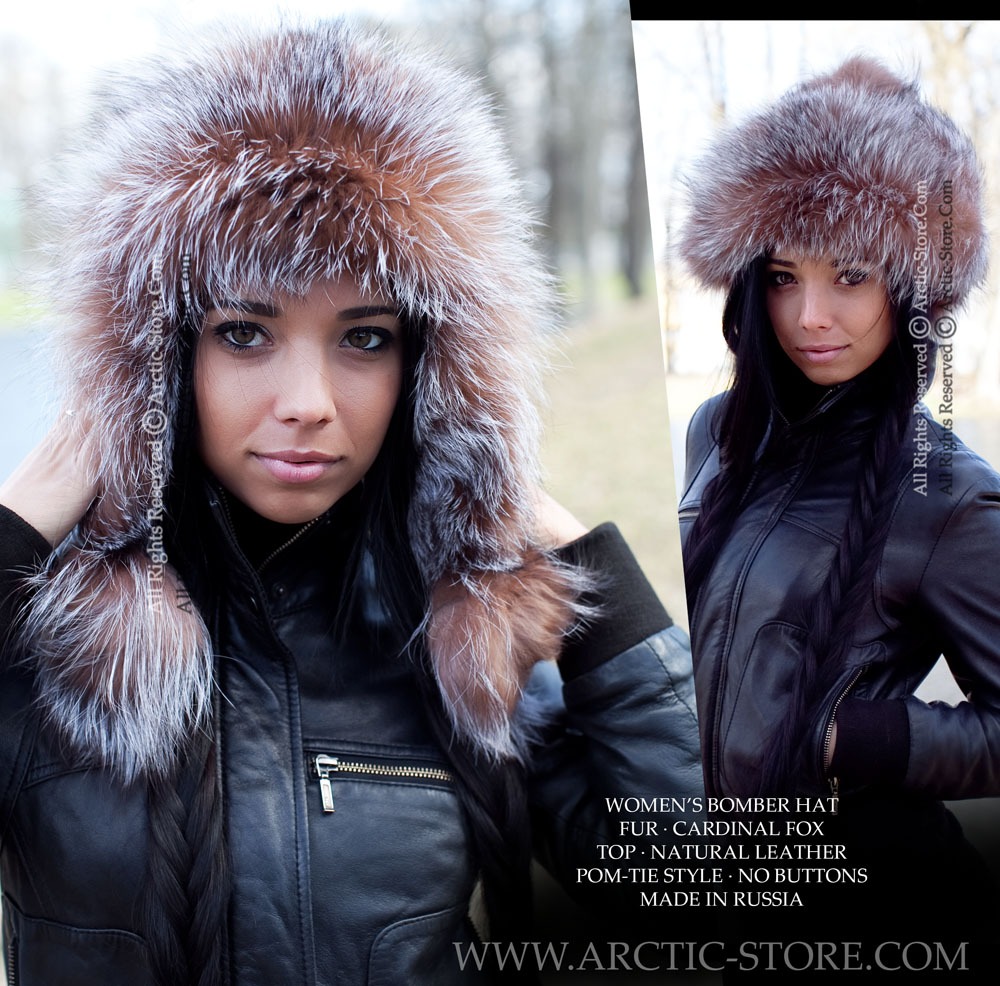 dyed fox fur aviator hat for women in russet red color