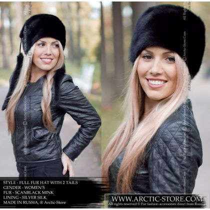 Fur hat with tails, black mink