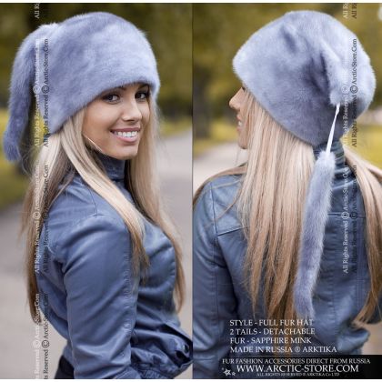 Fur hat with tails, sapphire mink