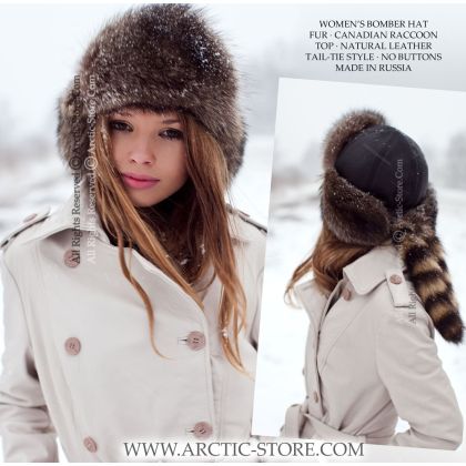 WOMEN’S BOMBER HAT · CANADIAN RACCOON FUR · LEATHER · TAILS