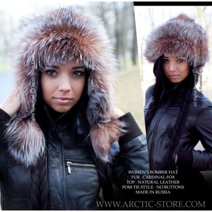 Women’s Bomber Hat · Cardinal Fox Fur · Leather · Poms