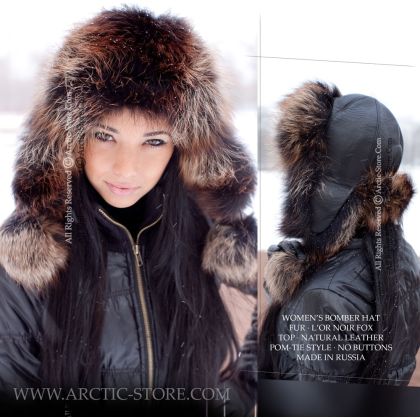Women’s Bomber Hat · L’Or Noir Fox Fur · Leather · Poms