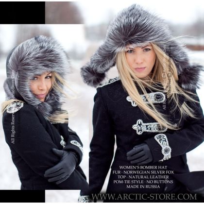 Women’s Bomber Hat · Silver Fox Fur · Leather · Poms
