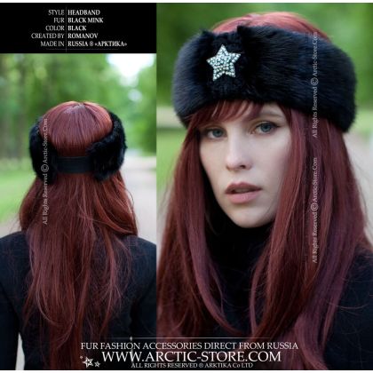 Black Mink Fur Headband with Silver Star