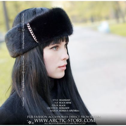 Black Mink Fur Headband with Silver Chains