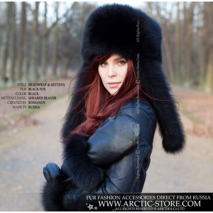 Black Fox Fur Winter Set – Mittens & Headwrap