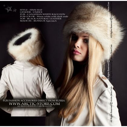 Round hat w/ flat leather top - White raccoon