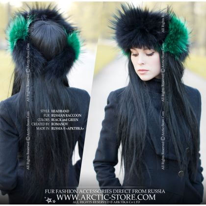 Black & Emerald Raccoon Fur Headband