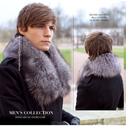 Men's Silver Grey Fox Fur Collar – 80 cm Classic