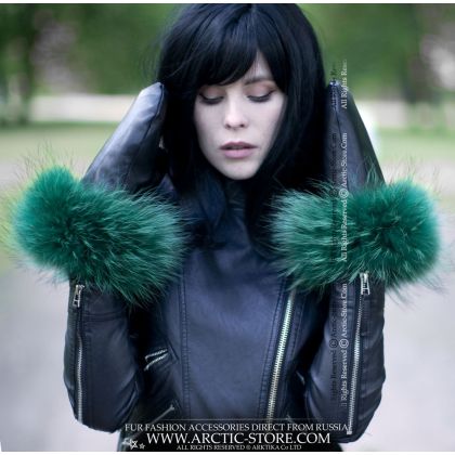 Emerald Green Raccoon Trim Leather Fur Mittens
