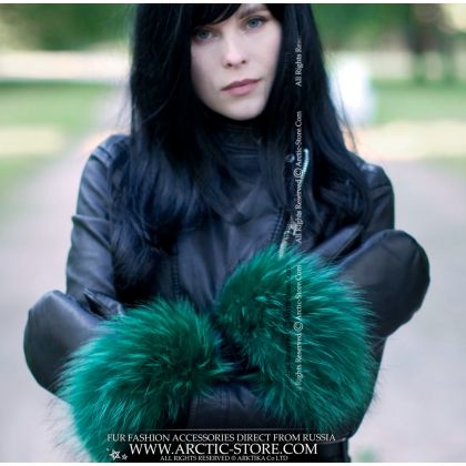 Emerald Green Raccoon Trim Leather Fur Mittens