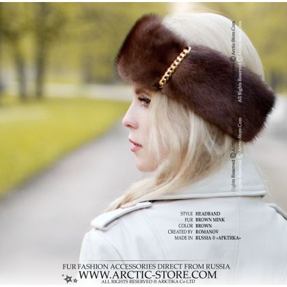 Mahogany Mink Fur Headband with Gold Chains