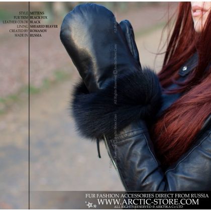 Black Fox Trim Leather Fur Mittens