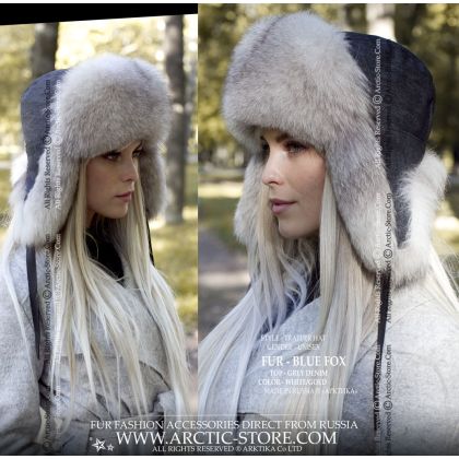 WOMEN’S TRAPPER HAT · POLAR FOX FUR · GREY DENIM