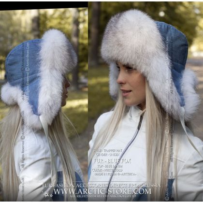 WOMEN’S TRAPPER HAT · POLAR FOX FUR · LIGHT BLUE DENIM