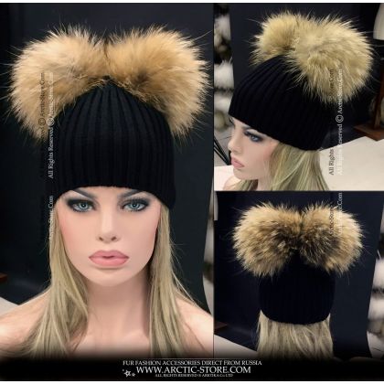 Tanuki Fur Pom Poms Beanie