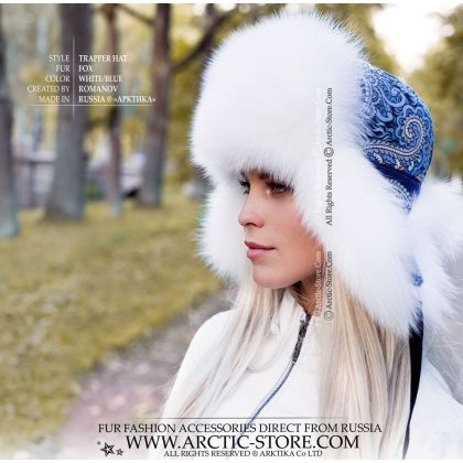 Russian Fur Trapper Hat – Shadow Fox, Blue Floral Wool