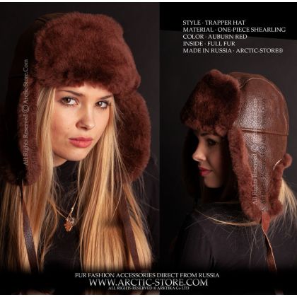 WOMEN’S TRAPPER HAT · SHEARLING SHEEPSKIN · AUBURN RED
