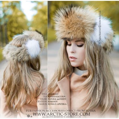 Natural & White Raccoon Fur Headband