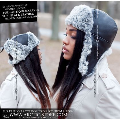 WOMEN’S TRAPPER HAT · ANTIQUE GREY KARAKUL FUR · LEATHER