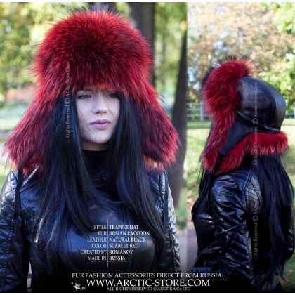 WOMEN’S TRAPPER HAT · SCARLET RED RACCOON FUR · LEATHER
