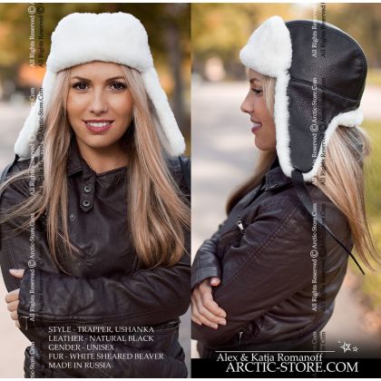 WOMEN’S TRAPPER HAT · SHEARED WHITE BEAVER · LEATHER