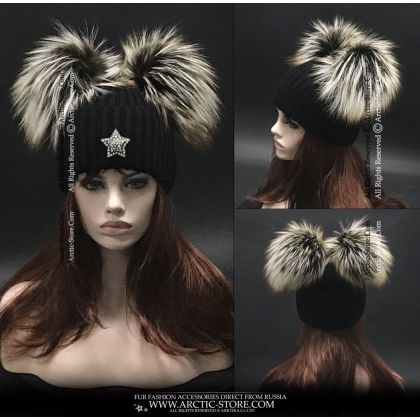 Women’s Beanie · Two Big L'or Noir Fox Fur Poms · Star Brooch
