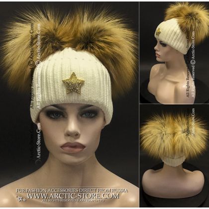 Women’s Beanie · Two Big Golden Cross Fox Fur Poms · Gold Star Brooch