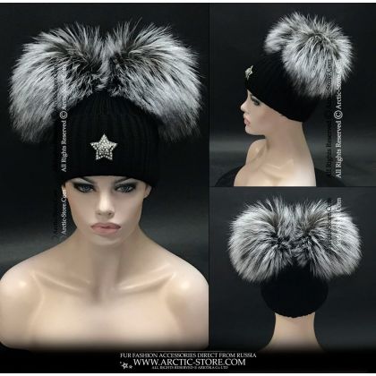 Women’s Black Beanie · Two Large Silver Fox Poms · High Cuff