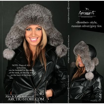 Women’s Bomber Hat · Grey Fox Fur · Leather · Poms