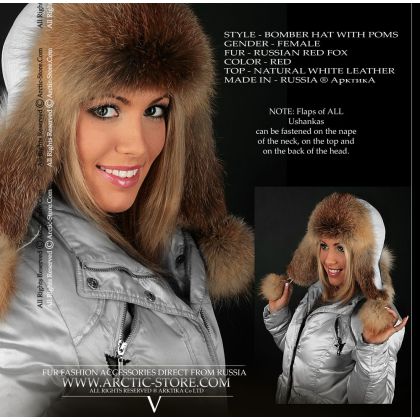 Women’s Bomber Hat · Russian Red Fox Fur · Leather · Poms