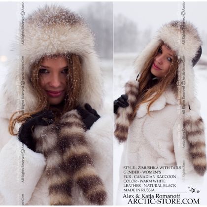Women’s Bomber Hat · White Canadian Raccoon Fur · Leather · Tails