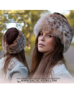 Russian lynx ambassador fur hat with brown suede crown, back view