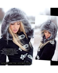 women’s bomber hat with brown oil dyed fox fur and leather crown