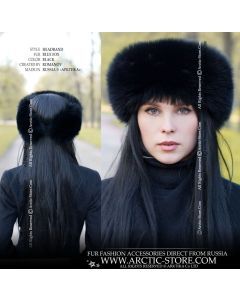 Women’s black fox fur headband with full pelt and adjustable back strap — elegant winter accessory designed for custom fit and refined styling.
