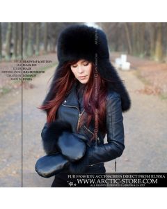 Luxury Winter Set with Black Fox Fur Headwrap and Leather Mittens – Handmade Arctic Elegance