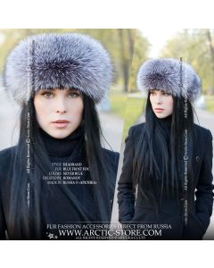 Blue frost fox fur headband for women with light silver-blue tone, handcrafted for winter elegance and structured fit.