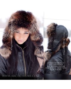 women’s bomber hat with brown oil dyed fox fur and leather crown
