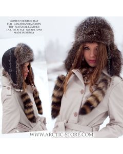 WOMEN’S BOMBER HAT · CANADIAN RACCOON FUR · LEATHER · TAILS