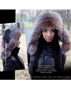 women’s bomber hat with cardinal fox fur and leather crown