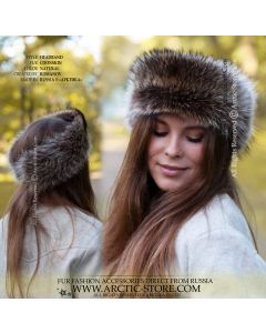 Canadian Raccoon Fur Headband on woman - front & back view, natural silver-brown raccoon, voluminous winter headband