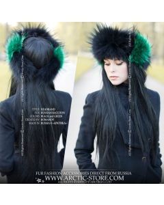 Black raccoon fur headband with emerald green color accents