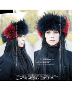 Black raccoon fur headband with vivid red color accents
