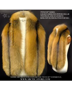 Golden Cross Fox Fur Power Collar from the TWINFUR™ Series, handcrafted by Romanov using two matched pelts with signature black spine lines, as seen in music videos.