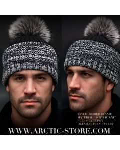 men's black beanie with silver fox pom and melange cuff
