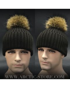 men’s brown beanie with racoon fur pom and cold knit