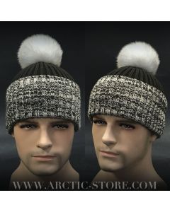 men’s brown melange fur beanie with polar fox pom