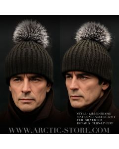 men’s cold brown fur beanie with silver fox pom